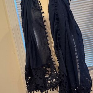 Elegant navy Scarf with Pom Pom Trim